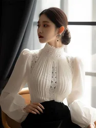 2024 Blusas Mujer De Moda Blouse for Women Temperament Lace Patchwork Shirts Hollow Out Pleated Stand Neck Vintage Blouses Tops