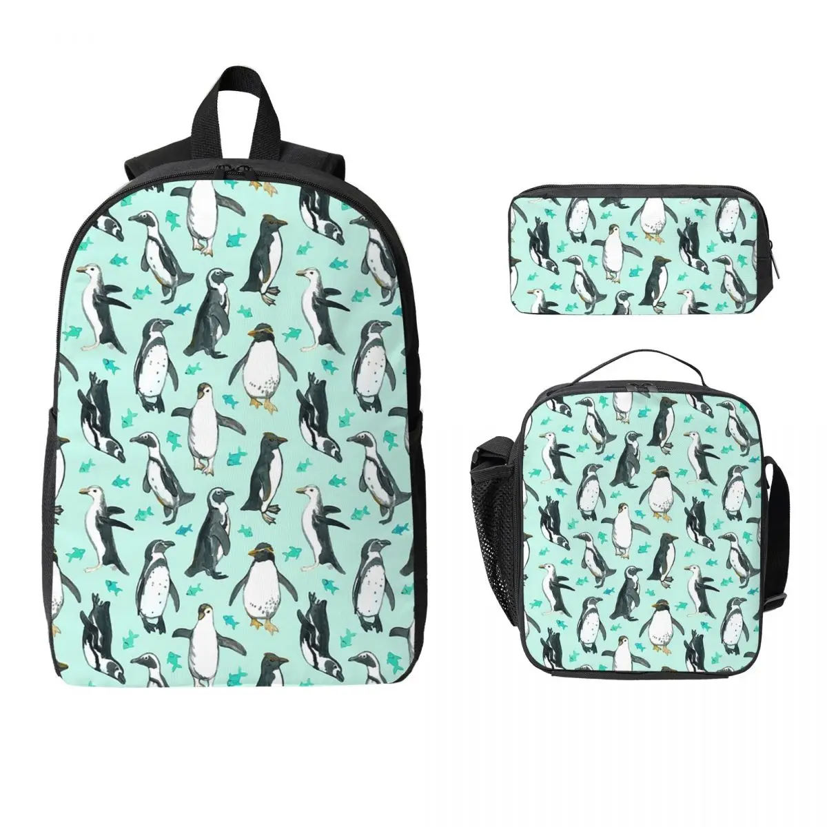 

Lots Of Little Penguins On Mint Backpack Student BookBag School Bag Laptop Shoulder Bags 3ps Insulated Lunch Bag Pencil Case