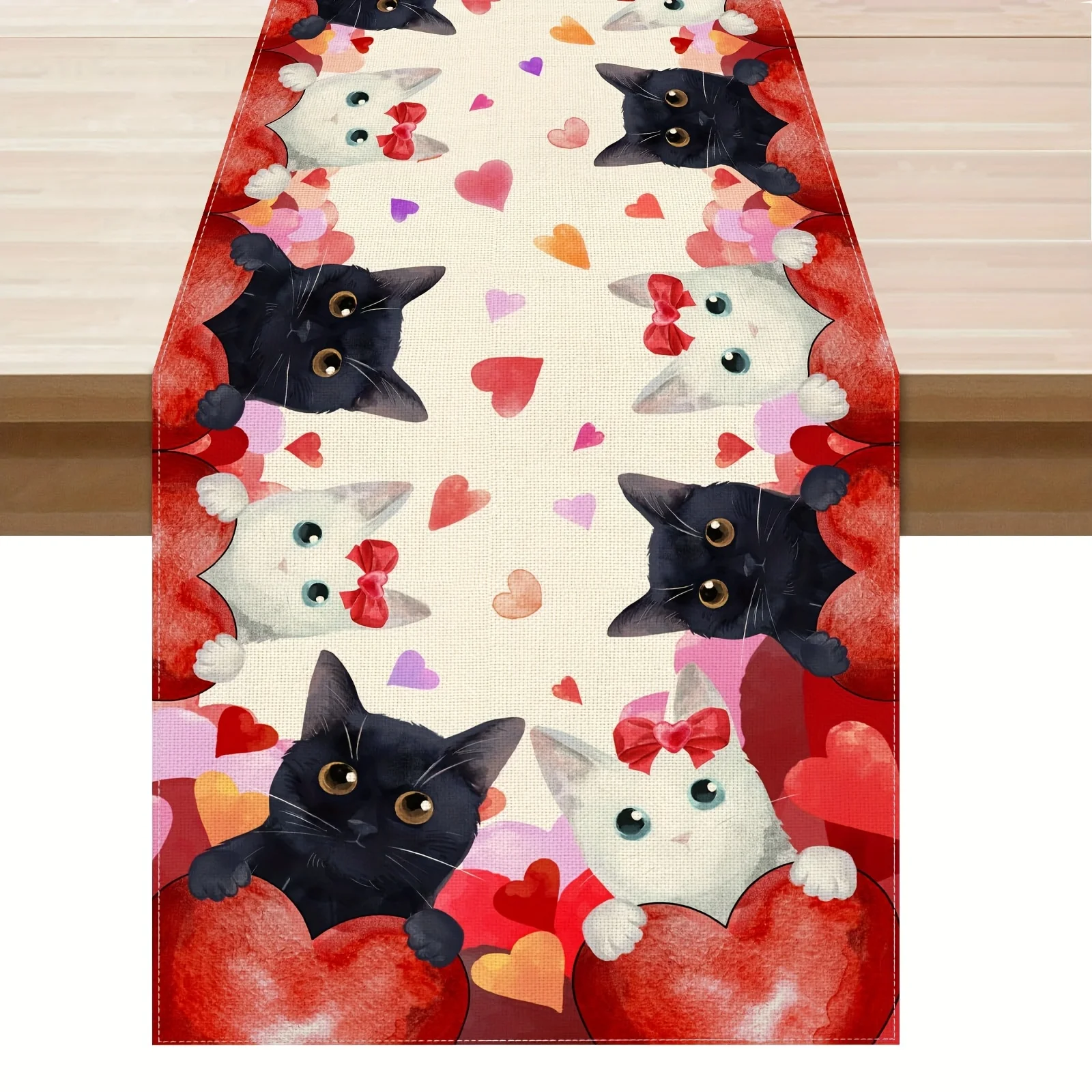 Valentine's Day Watercolor Love Hearts Cats Table Runner - Multi-Size Linen Decor with Red Bow