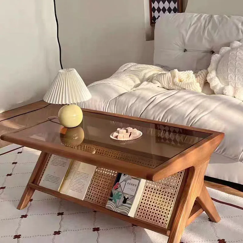 Solid wood rattan woven tea table, surprised by the quiet breeze, retro home rectangular tea table, simple and small living room