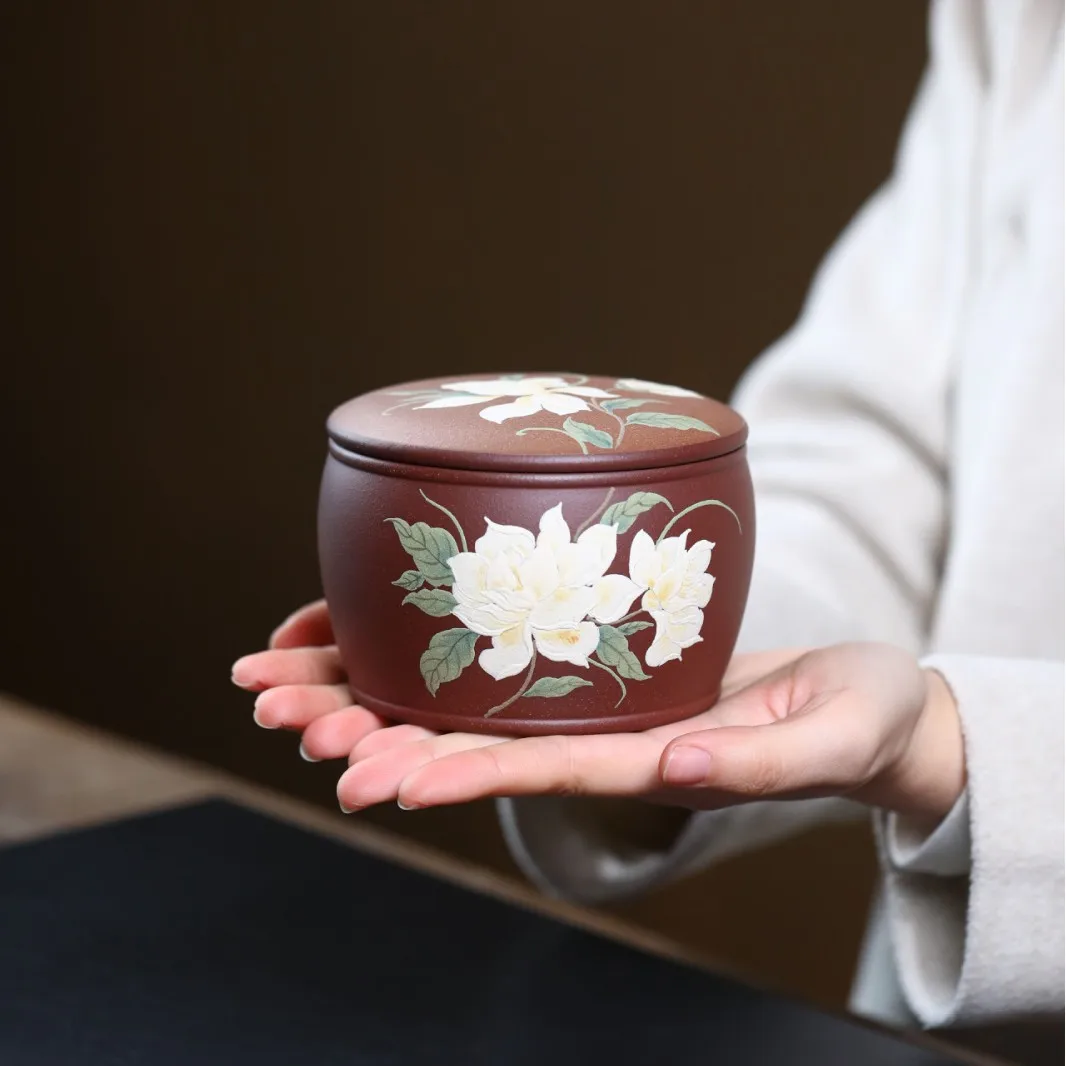 

Yixing Purple Clay Painted Peony Canister, Exquisite Handmade Clay-Painted Storage Jar, Tea Container For Home Use, Moisture-Pro