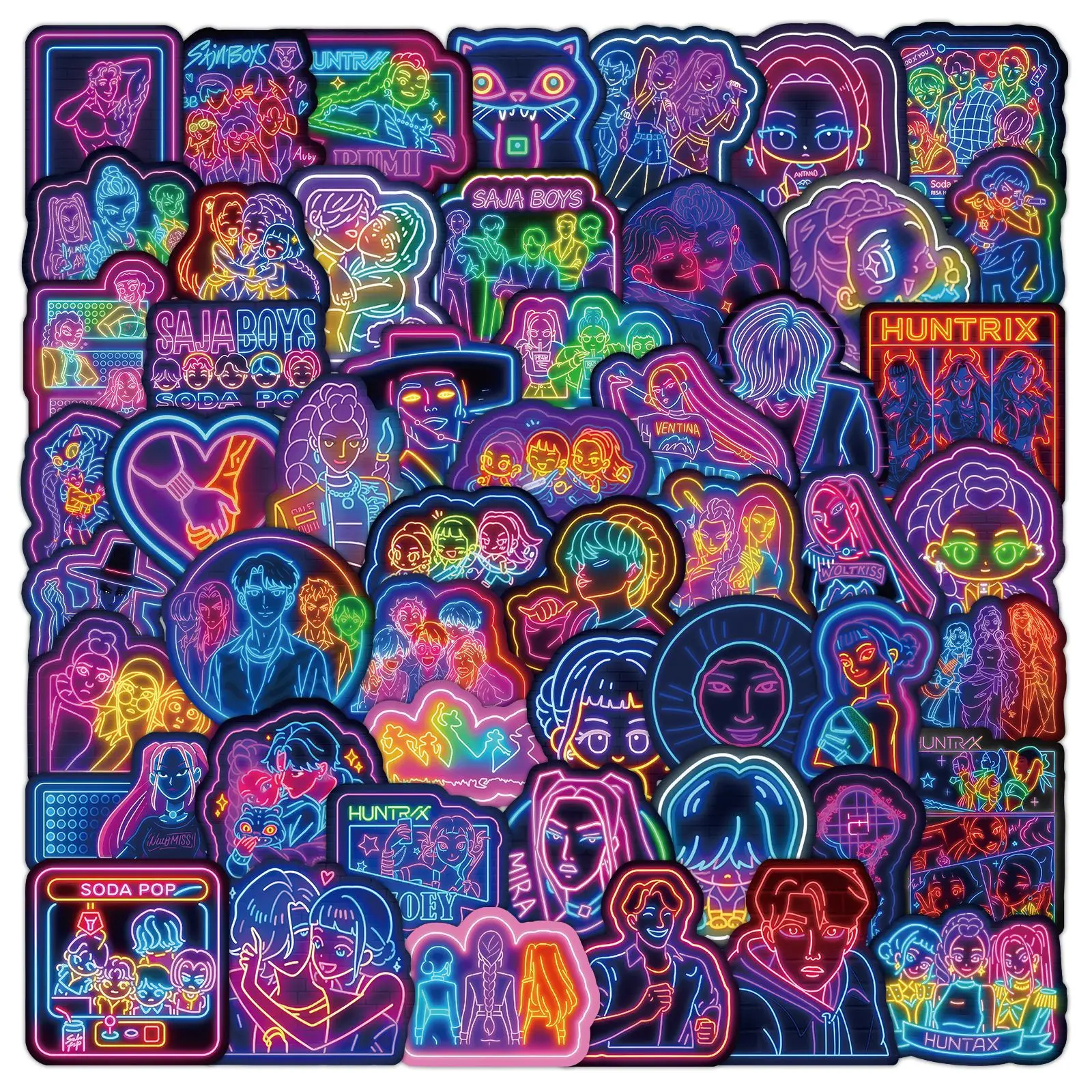 

50PCS KPOP Witch Hunters Neon Light Stickers - DIY Graffiti Car Decals, Unique Creative Night Decor for Vehicles & Laptops