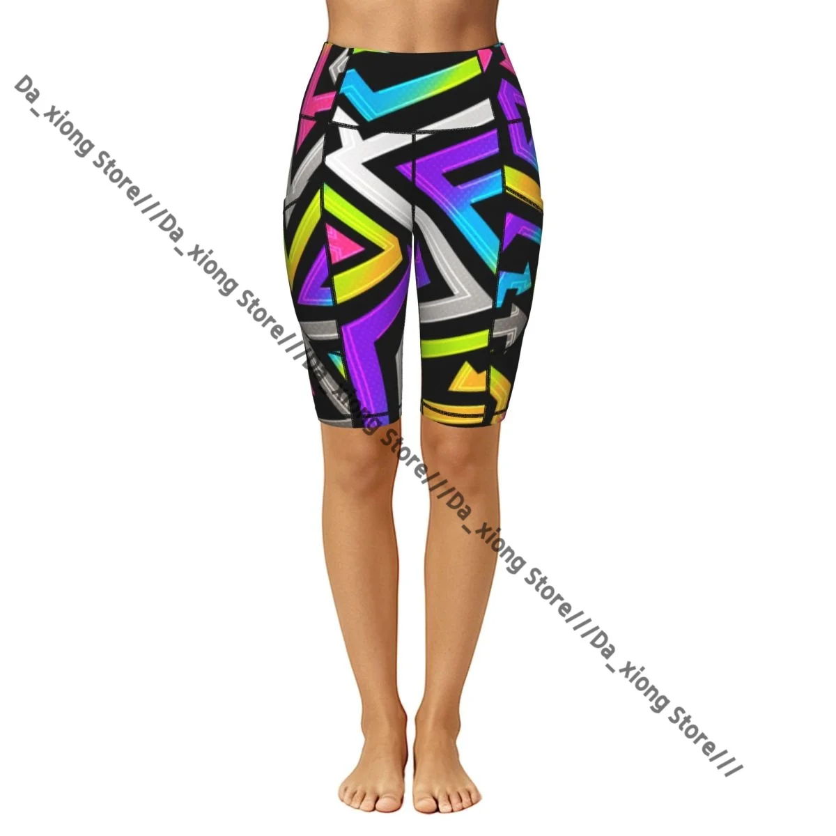 Ladies Yoga Shorts Rainbow Geometric Arrows Pattern Breathable Gym Running Workout Pants