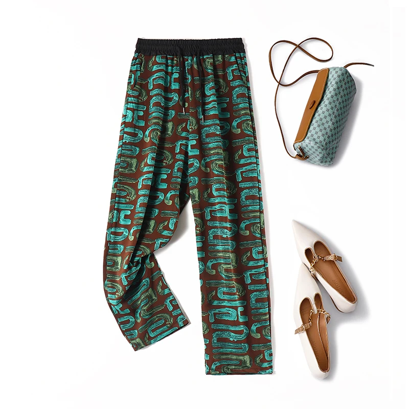 

Green Geometric Printing Vintage Elastic High Waist Lace Up Wide-Leg Women's Pants Korean Fashion Full Length Pants For Women