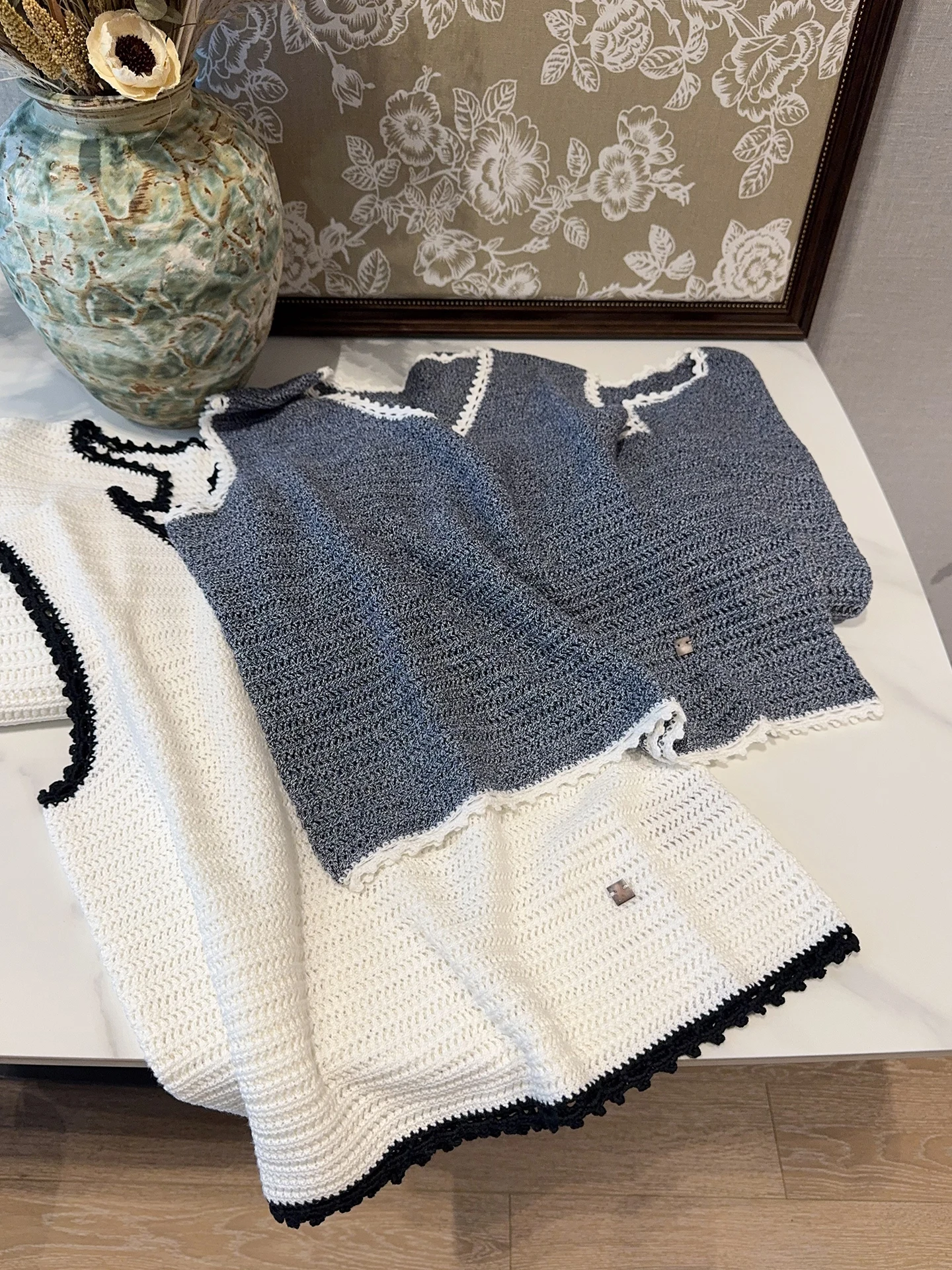 e Pure Cotton Knitted Two-Piece Set with Lace Trim Spring New Sle Color Blo Cardigan Jaet for Women Breathable