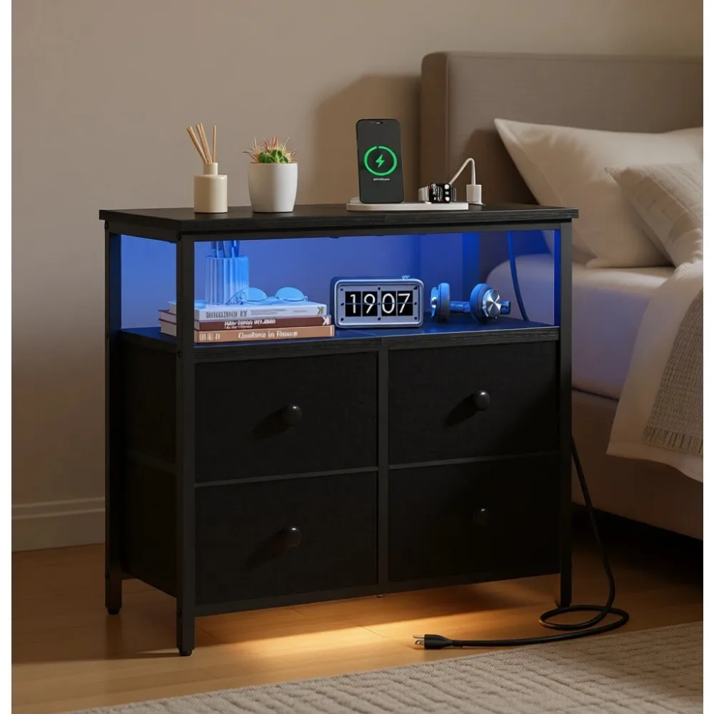 

Прикроватная тумбочка с зарядной станцией, четырьмя ящиками, LED-подсветкой, 3-уровневая, деревянная, для спальни