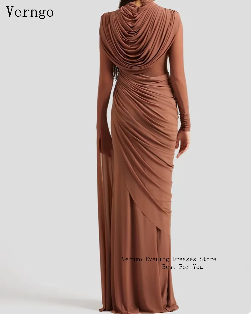 Verngo Brown Chiffon Evening Dress Full Sleeves Mermaid Slim Prom Party Dresses Elegant Simple Maxi Prom Gowns Customized image 2