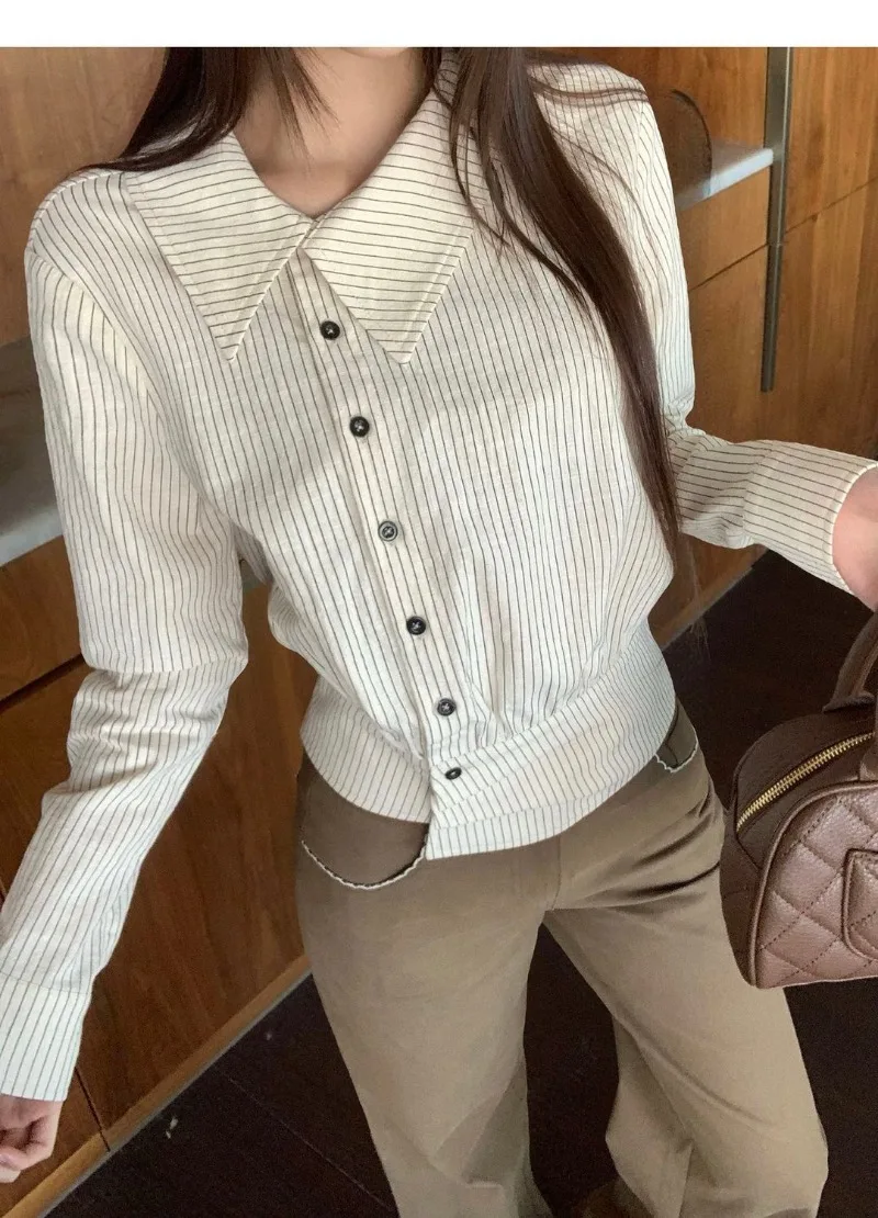 Kimotimo Stripe Shirt Women 2026 Autumn Lapel Irregular Folds Waist Long Sleeve Tops Vintage Fashion Button Up Blouse Camisas
