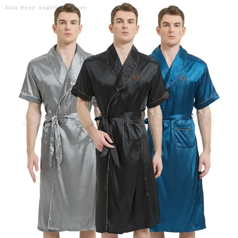 

Male Bathrobe Kimono Intimate Lingerie Men Sleepwear Summer Ice Silk Home Clothes Loose Casual Nightgown Plus Size 4XL Nightwear