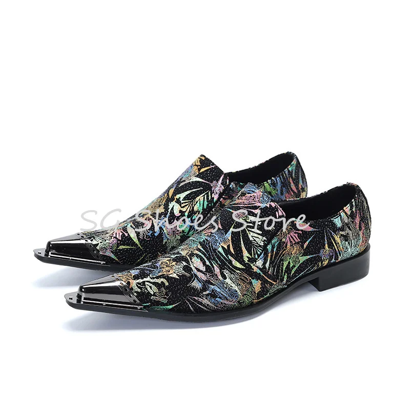 

Male Wedding Dress Shoes Mixed Color Graffiti Prints Loafers for Men Metal Pointed Toe Shallow Slip-On Casual Derby Shoes