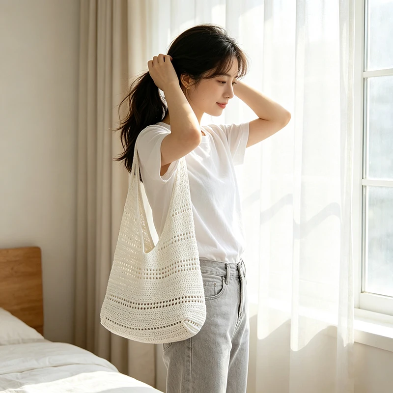 Hohlgestrickte Unterarm-Schultertasche, koreanische Damen-Handtasche, süß, niedlich, schlicht, einfarbig, gewebte Handtasche, lässige Tragetasche für Pendeln und Reisen – Detail 5