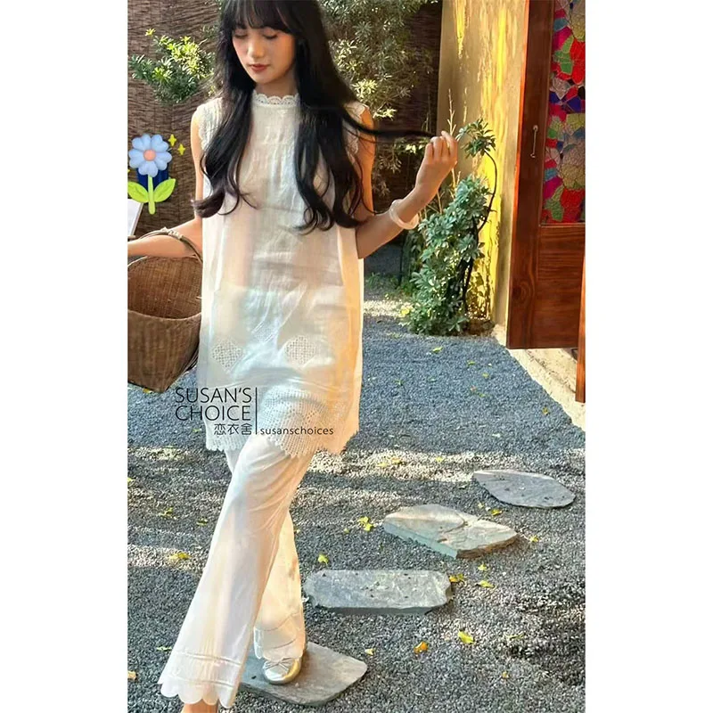 

Комплект из вышитой блузки и брюк Susan Ele White: модный, изысканный, из хлопка, для весны и лета