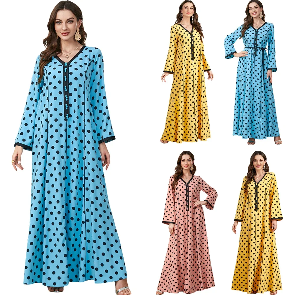 

Abaya Muslim Woman Vintage Lace Tape V-Neck Polka Dot Print Long Dresses Ramadan Evening Femme Robe Maxi Dress Islamic Clothing