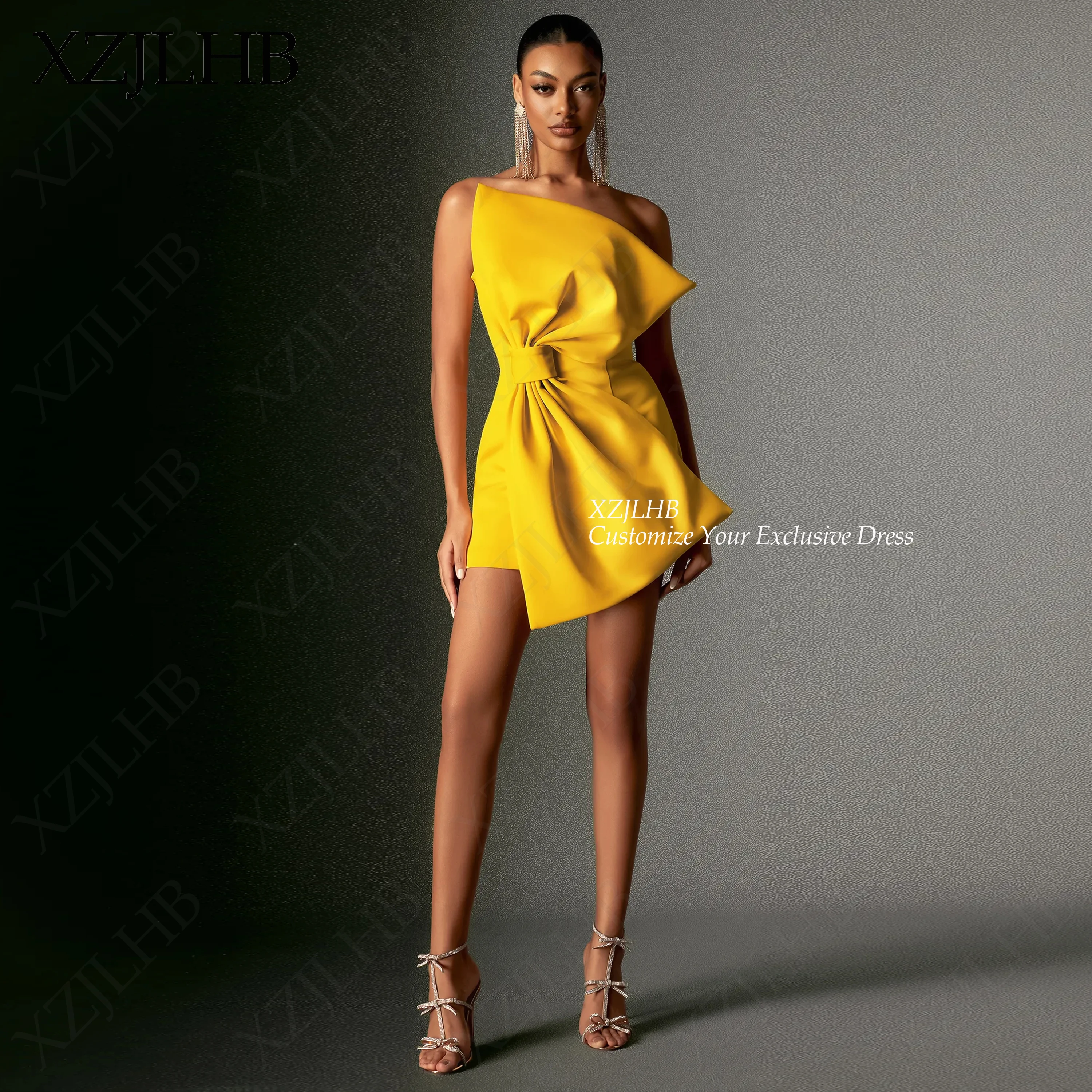 XZJLHB Custom Made Soft Satin Prom Dresses Big Bow Strapless Sleeveless 2026 فساتين سهرة Mini Backless Sexy Birthday Party Gowns