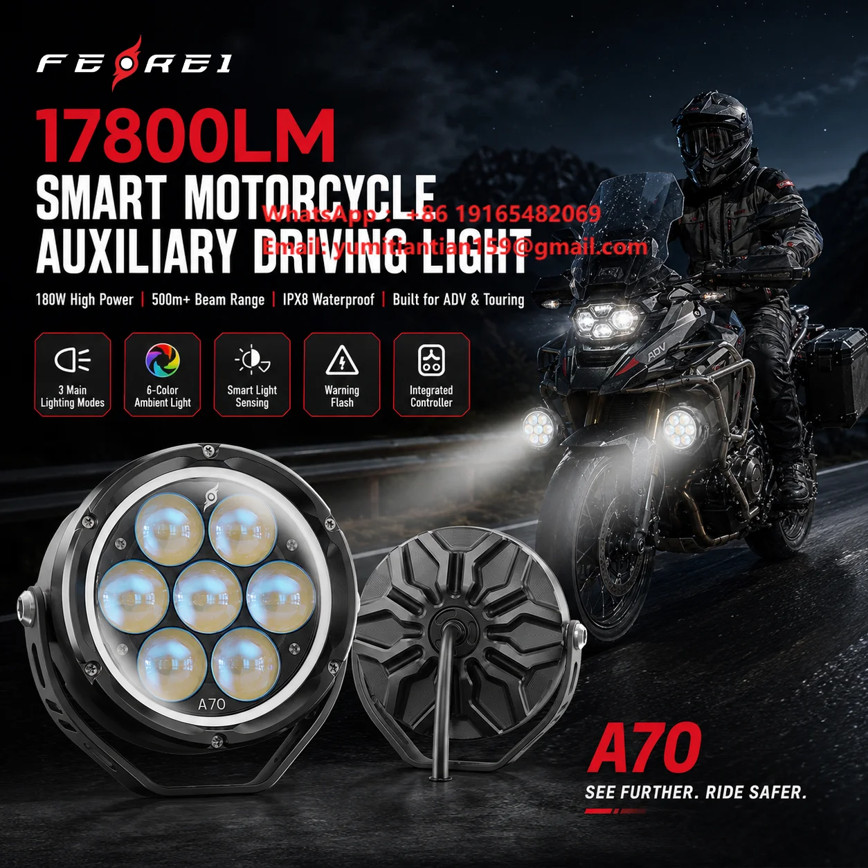 Ferei Smart Motorcycle Auxiliary Driving Light IPX8 Waterproof LED Spot Flood Fog Light for BMW\Honda Goldwing\Harley Davidson