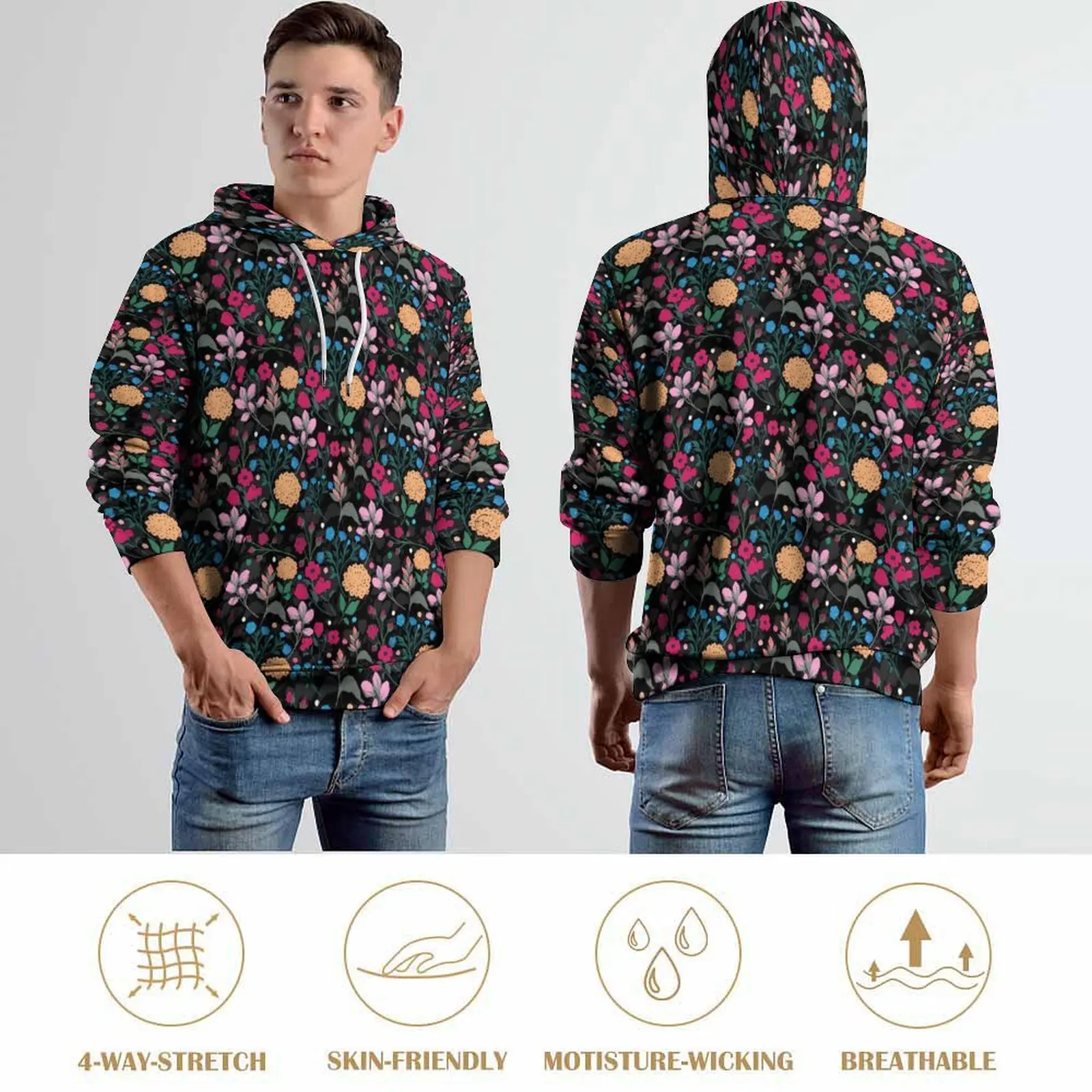 Sweat à Capuche à Manches sulfavec Impression Florale pour Homme, Vêtement Décontracté Disponible en Rose et Jaune, Personnalisé, PVD, Grande Taille 5XL et 6XL