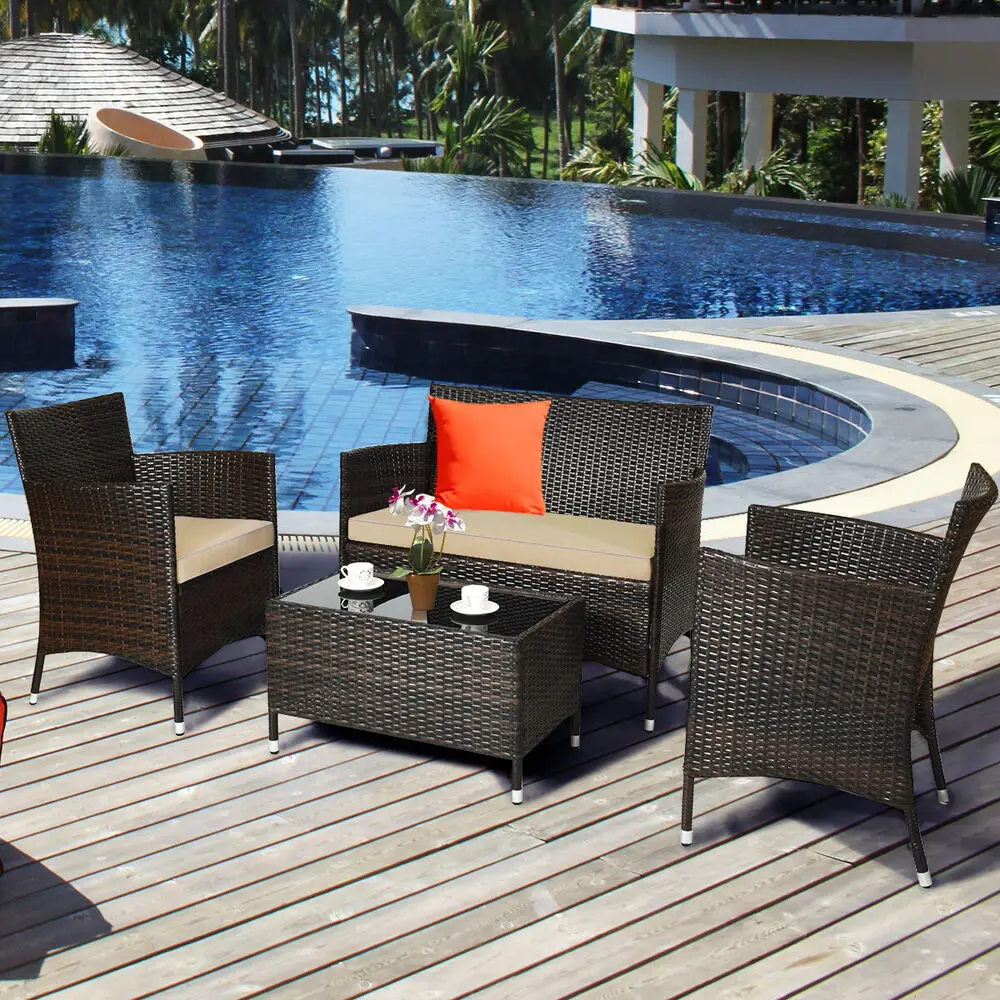 4 Pieces Rattan Patio Furniture Set Cushioned Sofa Chair Coffee Table for Garden