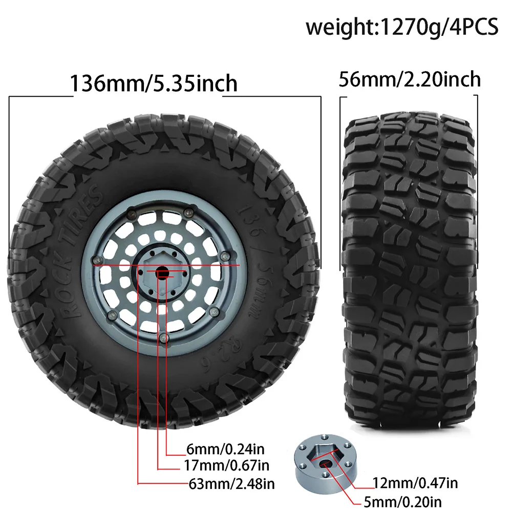 2.6 بوصة معدنية Beadlock عجلة حافة 136 مللي متر المطاط الإطارات الإطارات ل 1/7 1/8 تسلق سيارة CROSSRC MK07 H8h YK4082/83 ترقية الملحقات #5