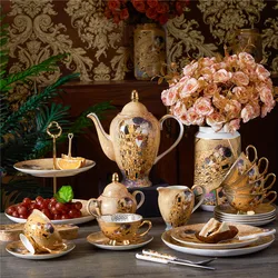 Luxury Bone China British Tea Cup Set Gustav Klimt Porcelain Coffee Set Ceramic Teapot Creamer Sugar Bowl Milk Jug Coffeeware