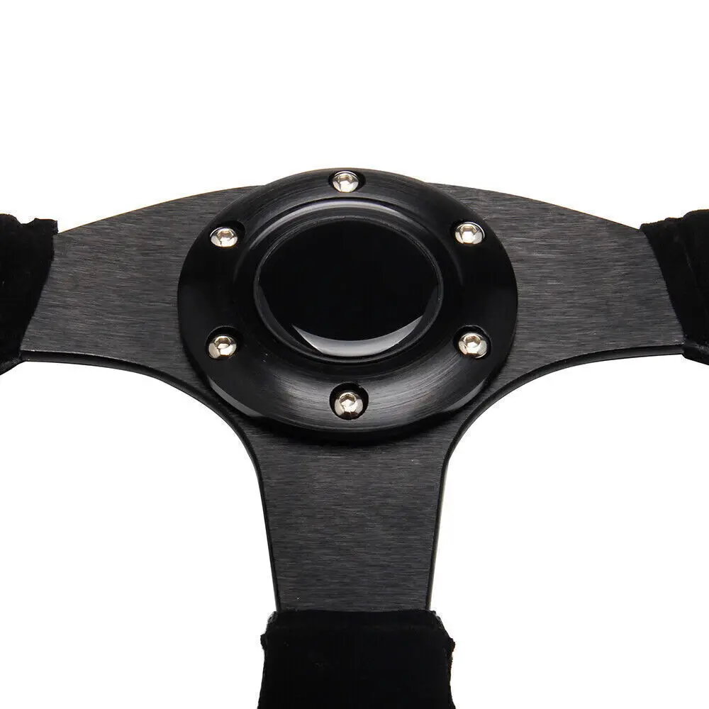 عجلة قيادة عالمية مقاس 14 بوصة 350 مم من جلد الغزال الأحمر مع زر قرن من سبائك الألومنيوم