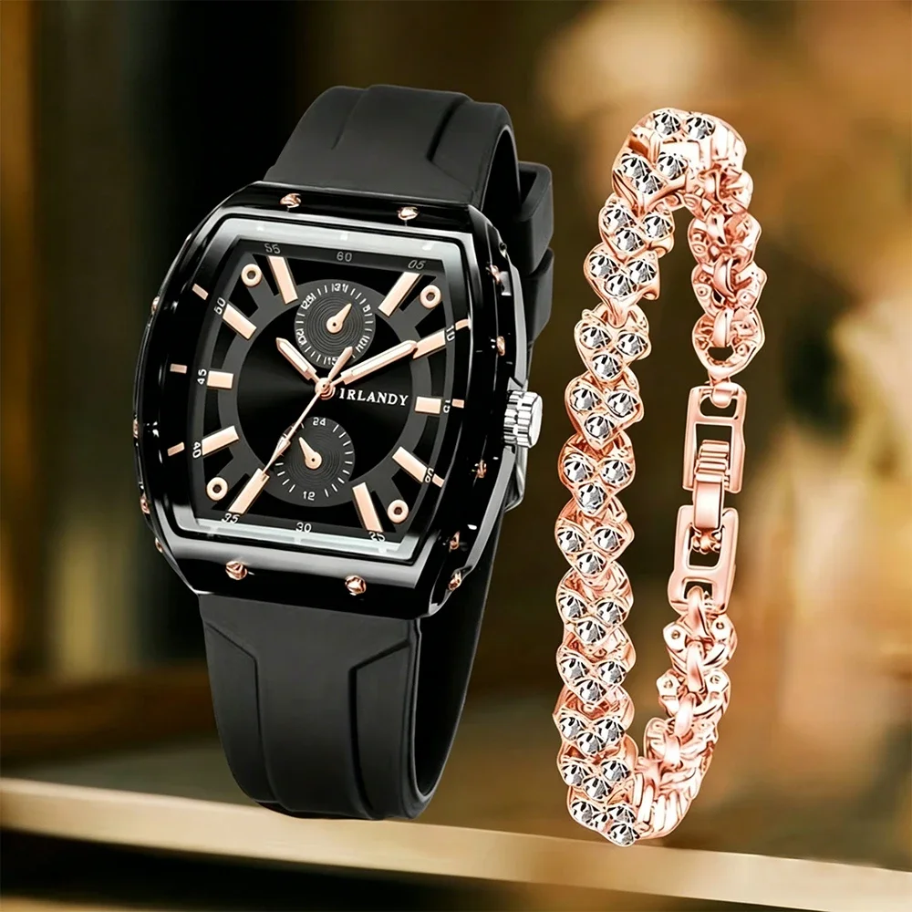2PCS Fashion Women Watch Rhinestone Bracelet Set Casual Silicone Band Ladies Dress Wristwatches Relogio Feminino（Without Box）