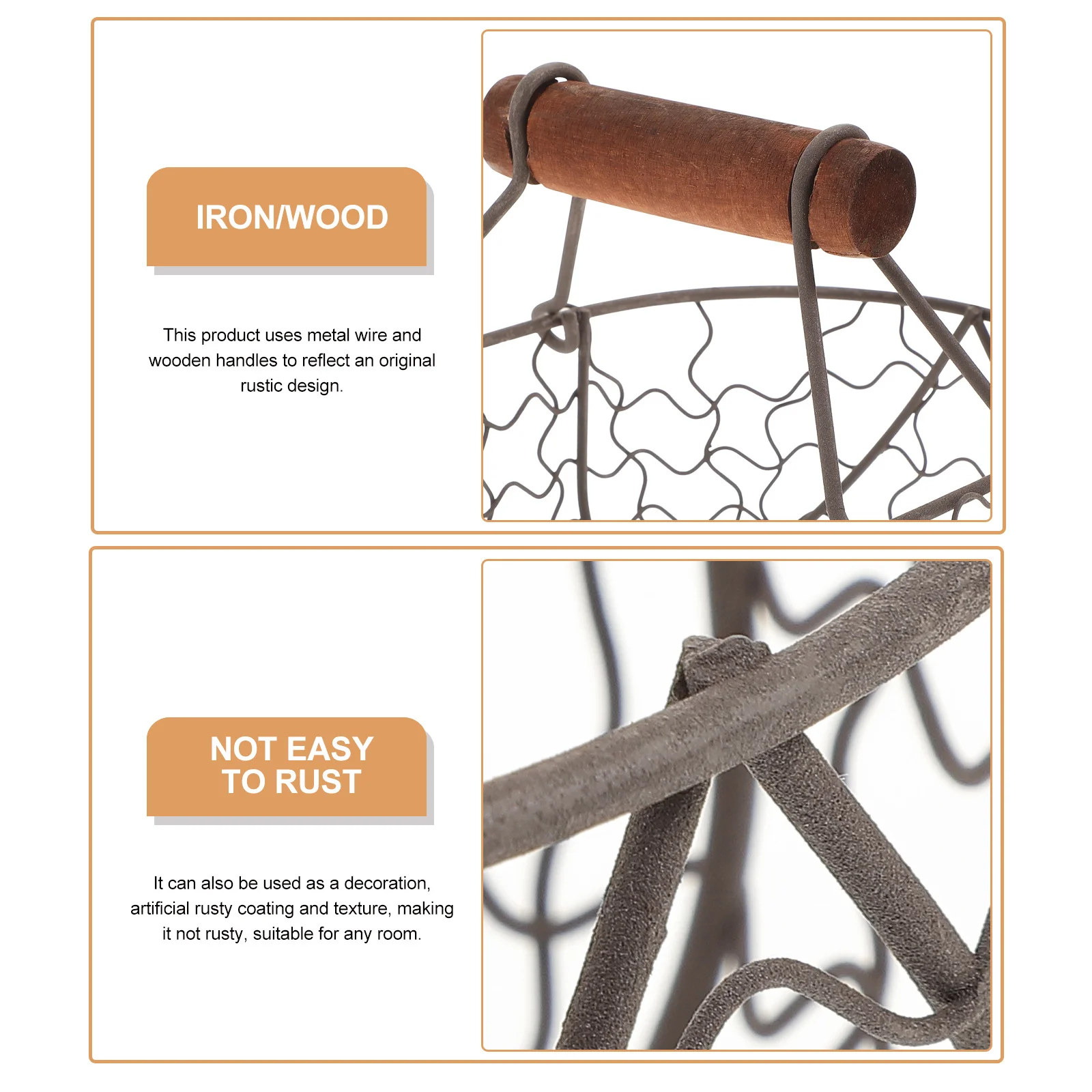 

Rustic Style Iron Wire Fruit Basket Wooden Handle Multifunctional Storage Organizer Egg Vegetable Basket Kitchen Dining Room