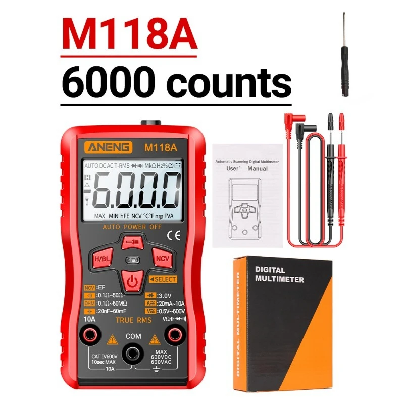 ANENG Mini Digital Multimeter 6000 Counts Auto Mmultimetro DC/AC Voltage Tester Tranistor Meter NCV Data Hold Flashlight M118A