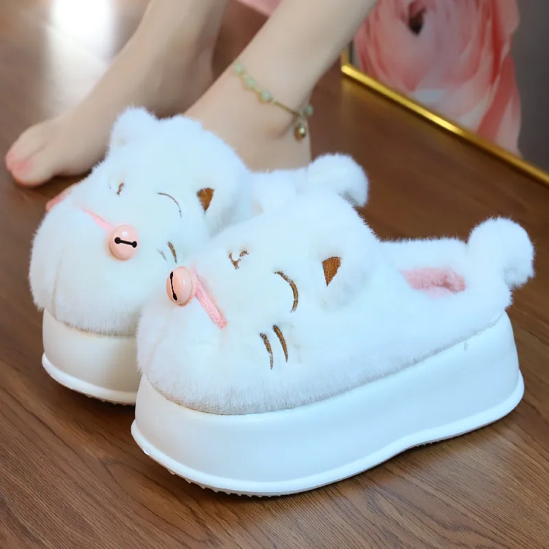 

White fluffy cats slippers fashion chunky women cute home indoor shoes New Funny kitty mules ladies outdoor platform slippers