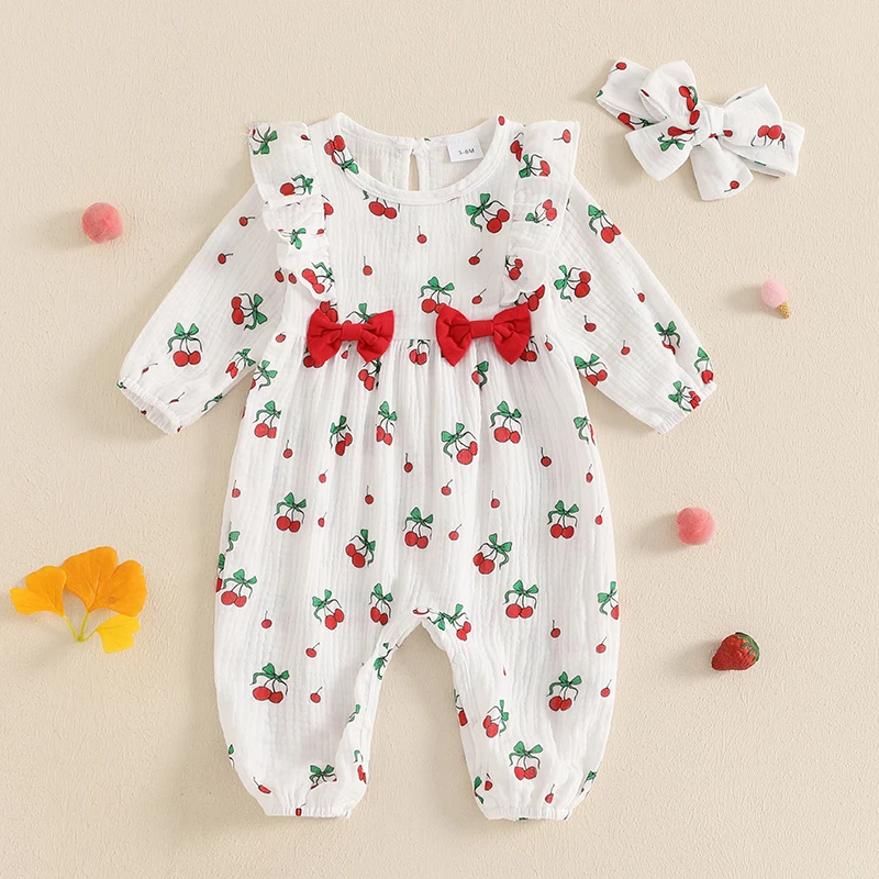 Newborn Baby Girl Outfit Autumn Spring Cute Cherry Print Long Sleeve Ruffle O Neck Jumpsuit with Headband Set Infants Clothes