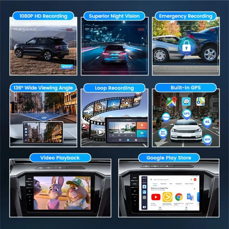 Carlinkit 128GB 1080P Car Dash Cam Dvr Android Auto Nuovo sistema Android Adattatore Carplay wireless con registrazione di guida YouTube