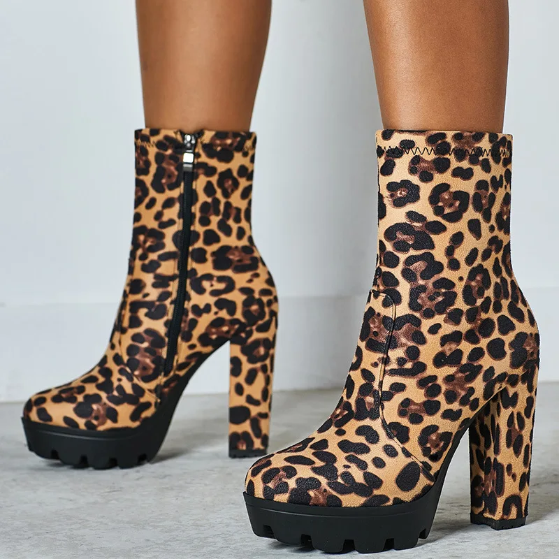 New Women's Ankle Boots Thick Heels Sexy Leopard Print High Heels Botas Altas Plataforma Mujer Platform Shoes