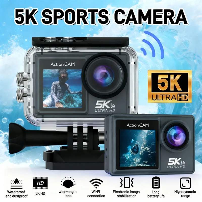 

5K Ultra HD Dual Screen Motion Camera 5X Zoom Action Camera 170° 30M Waterproof WiFi Sports Camera With Remote Control