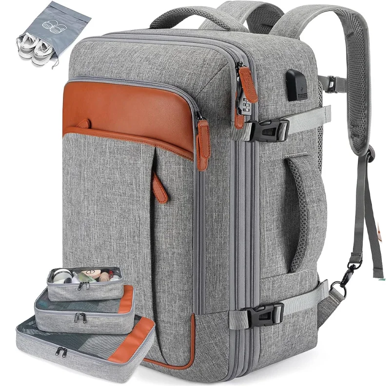 Large Expandable Travel Backpack for Women Men, 40L Carry On Laptop Backpack with 3 Packing Cubes & Shoe Bag, Water Resistant Fl
