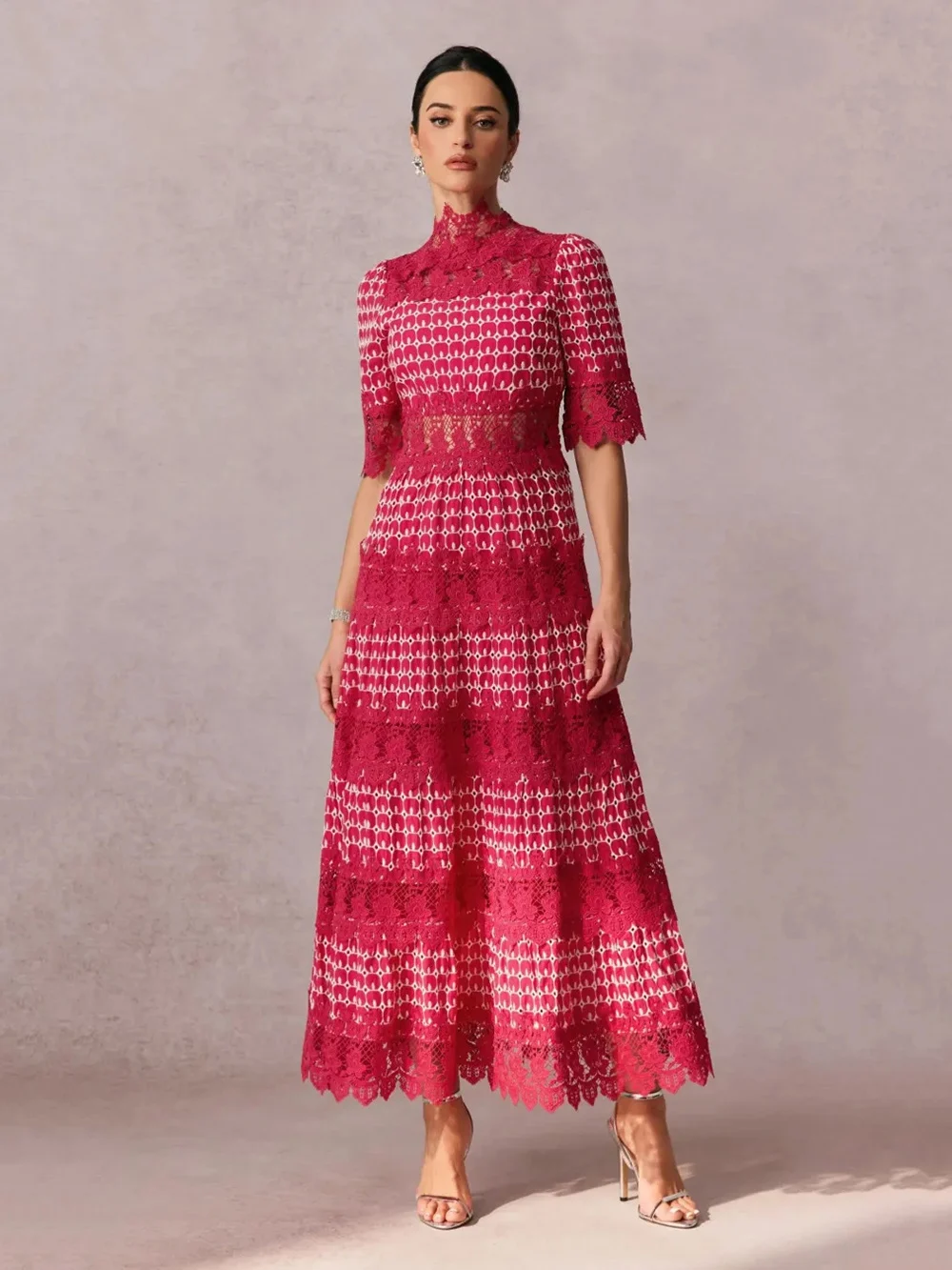 New French Retro Lace Patchwork High-Waisted Slim Fit Stand-Up Collar Openwork Long Dress For Women