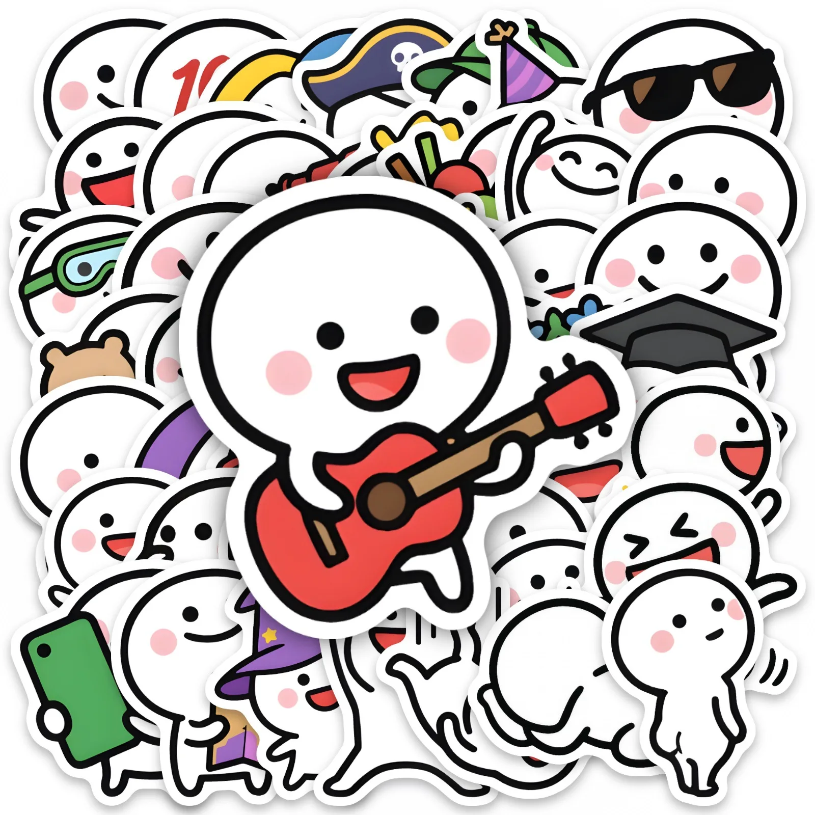 50-Piece Cute Cartoon Little White Character Expression Stickers for Guitar Helmet Luggage Notebook Doodle Decor Stickers