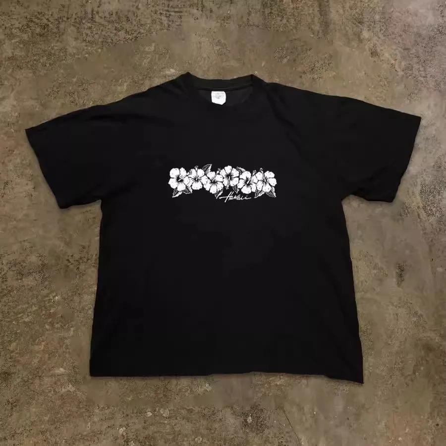 ヘビーウェイトピュアコットン半袖tシャツ白い花のイラストユニセックスルーズフィットカジュアルトップス男性と女性向け