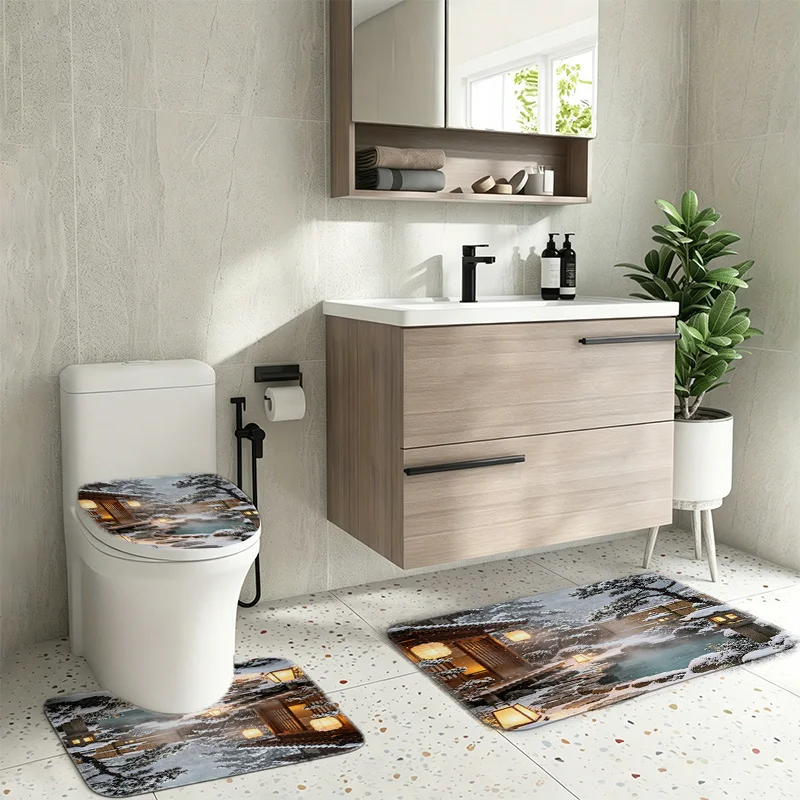 3Pcs Winter Snow Hot Spring Cabin Bathroom Rug Set, Cozy Snowy Forest Wooden Cabin Hot Spring Night Scenery Print Non‑Slip Bath Mat, U‑Shaped Contour Rug and Toilet Lid Cover, Warm Winter Landscape Bathroom Floor Decor Mats