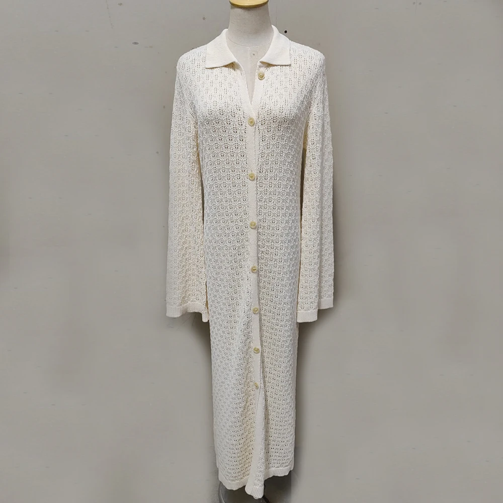 Tuularose Knit Long Dress Solid Hollow Single Breasted Cardigan Dress Casual Loose Lapel Office Lady Vacation Women Knit Dresses