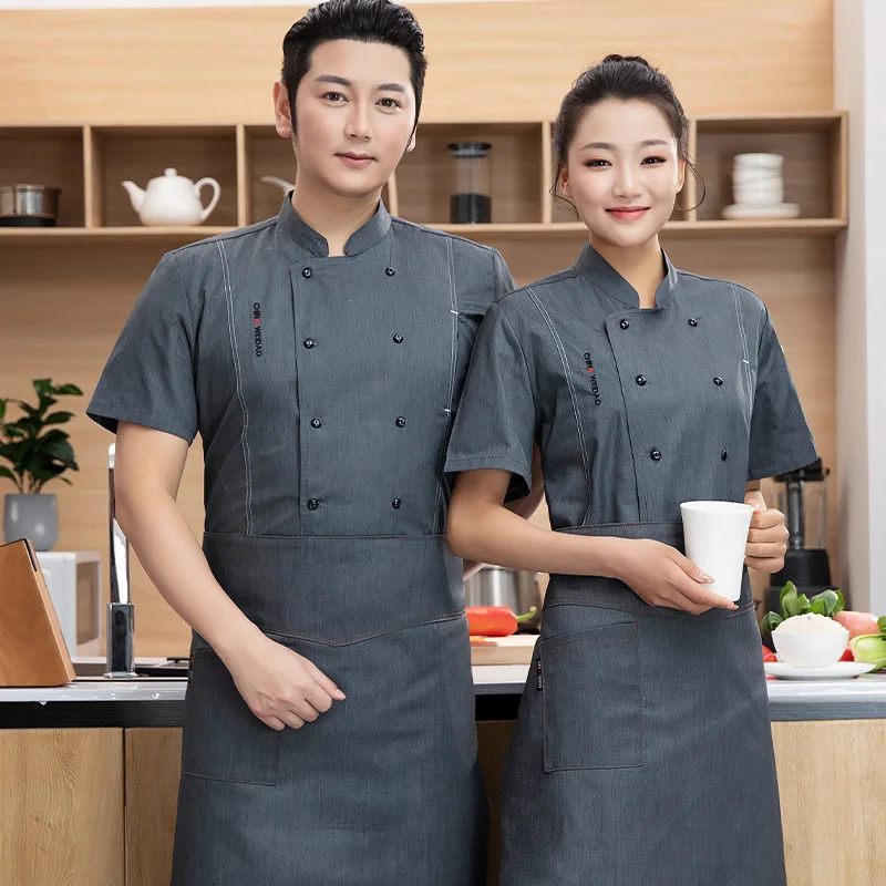 Kitchen Chef Overalls Men's Chef Uniform Short-Sleeved Summer Breathable Summer Clothing Short-Sleeved Restaurant Chef Hotel Cat