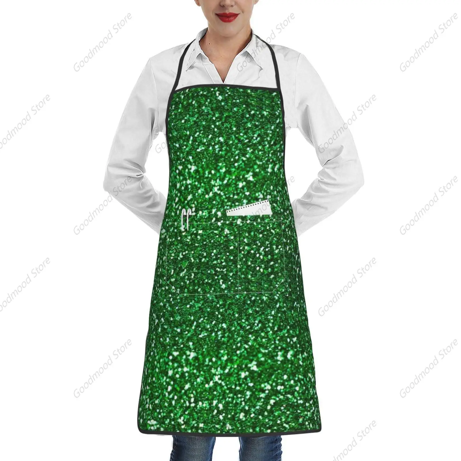 Green Sequin Sparkle Print Apron Pockets Unisex Kitchen Cooking Bars,Apron,Baking Restaurants Housework, Outdoor