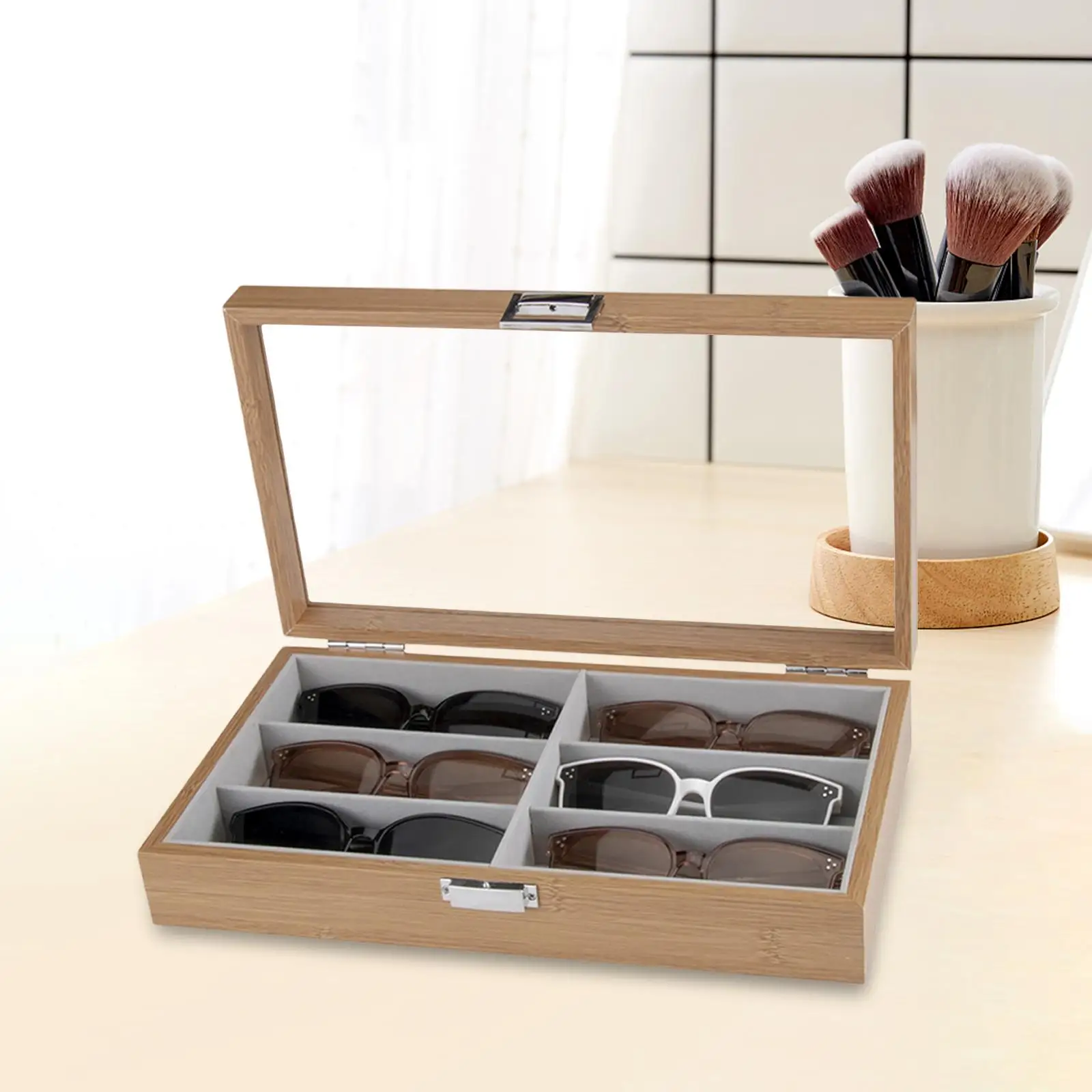 6 Grids Sunglasses Display Storage Box Wood Home Gadget Drawer