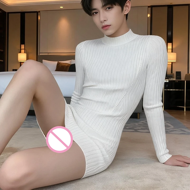 Man Sexy Mini Dress CD Hollow Gay Adult Hollow Out Skirt See Through Outdoor Expose White Sheer Sissy Knee Longsleeve Crop Skirt