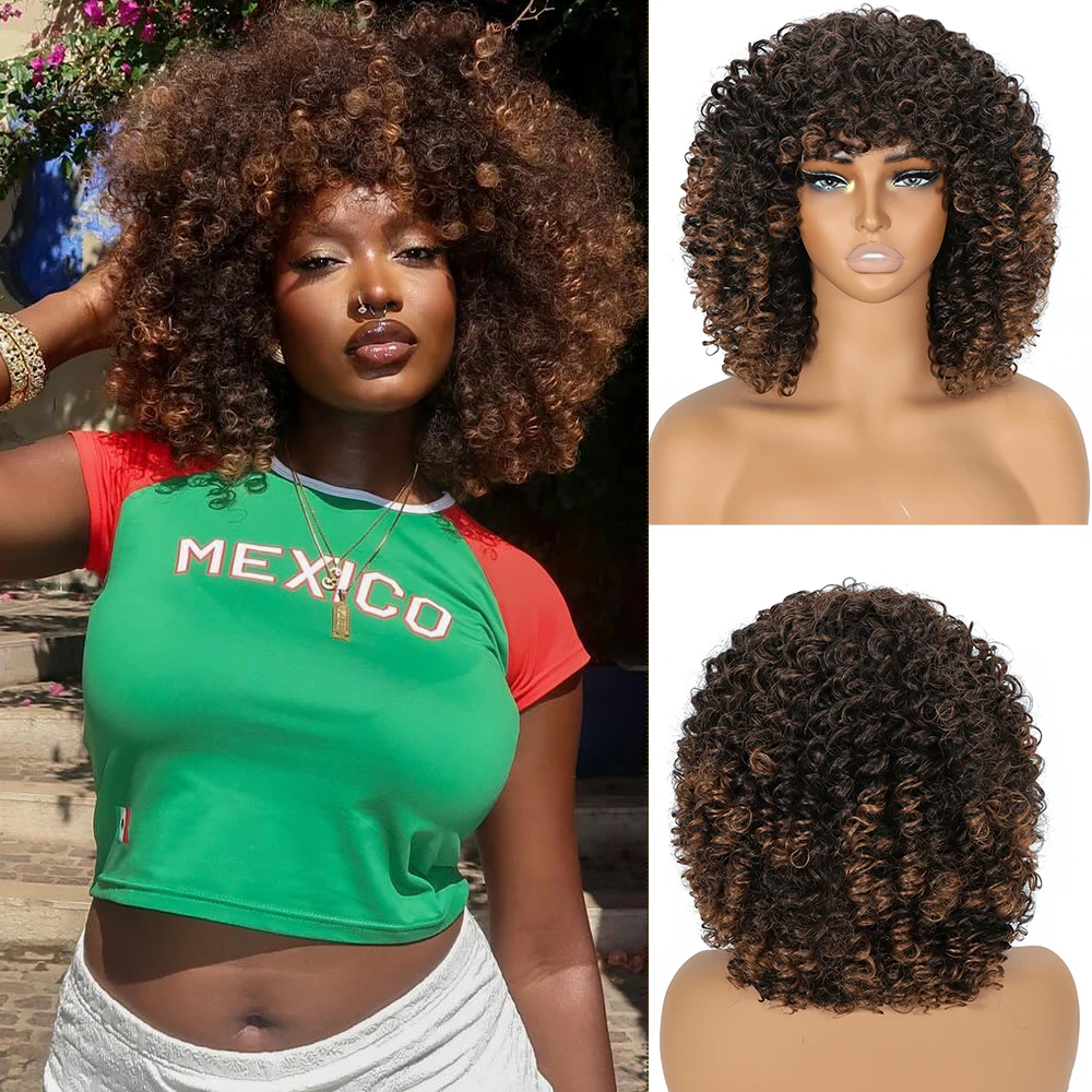 Blonde Curly Wigs for Women Short Afro Kinky Curly Wigs with Bangs Synthetic Heat Resistant Hair Replacement Wig with Wig Caps