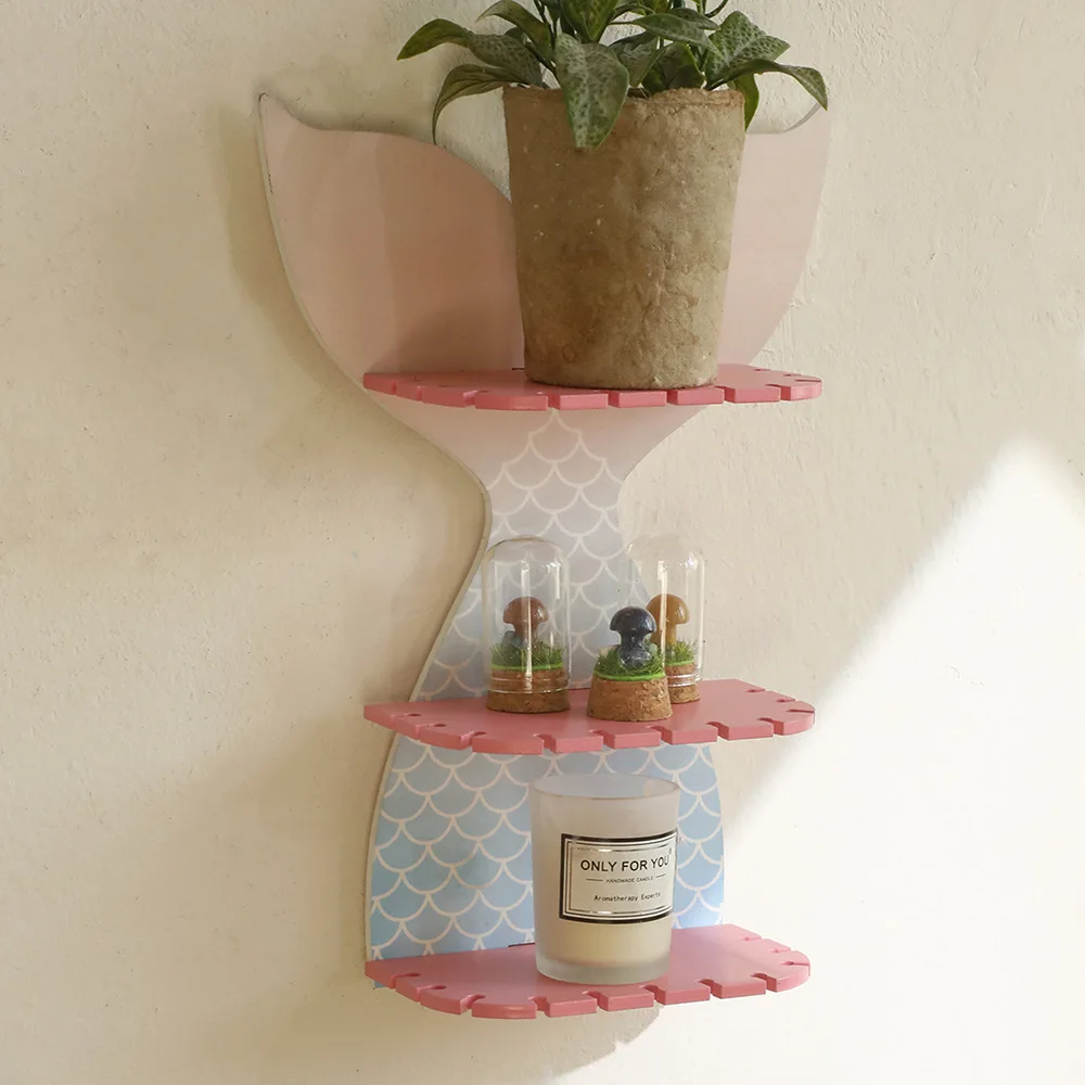 لون ذيل السمكة جدار تخزين الرف قطع الليزر 3-layer تخزين خشبي الرف الفنون والحرف زجاجة مجوهرات تخزين المنزل جدار ديكور