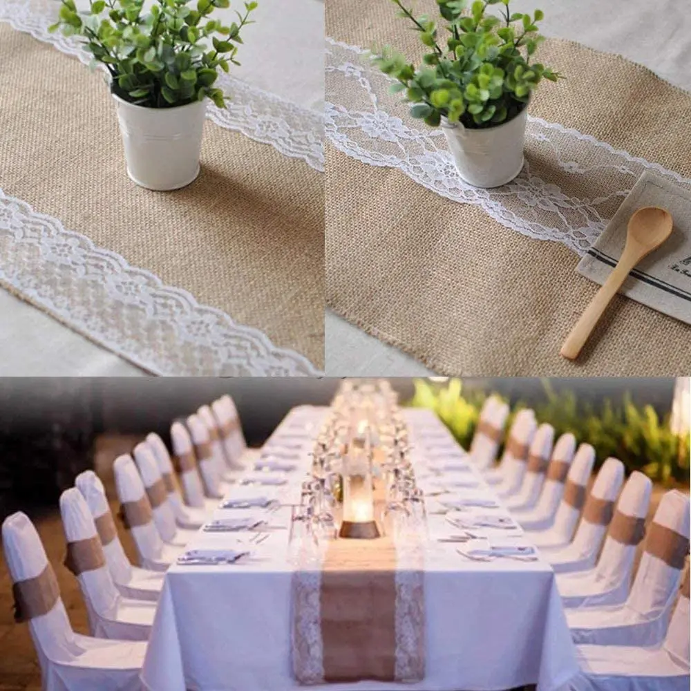 Lace Table Runner Retro Natural Jute Lace Burlap Table Runners For Country Wedding Event Party Dining Table Cover Decoration