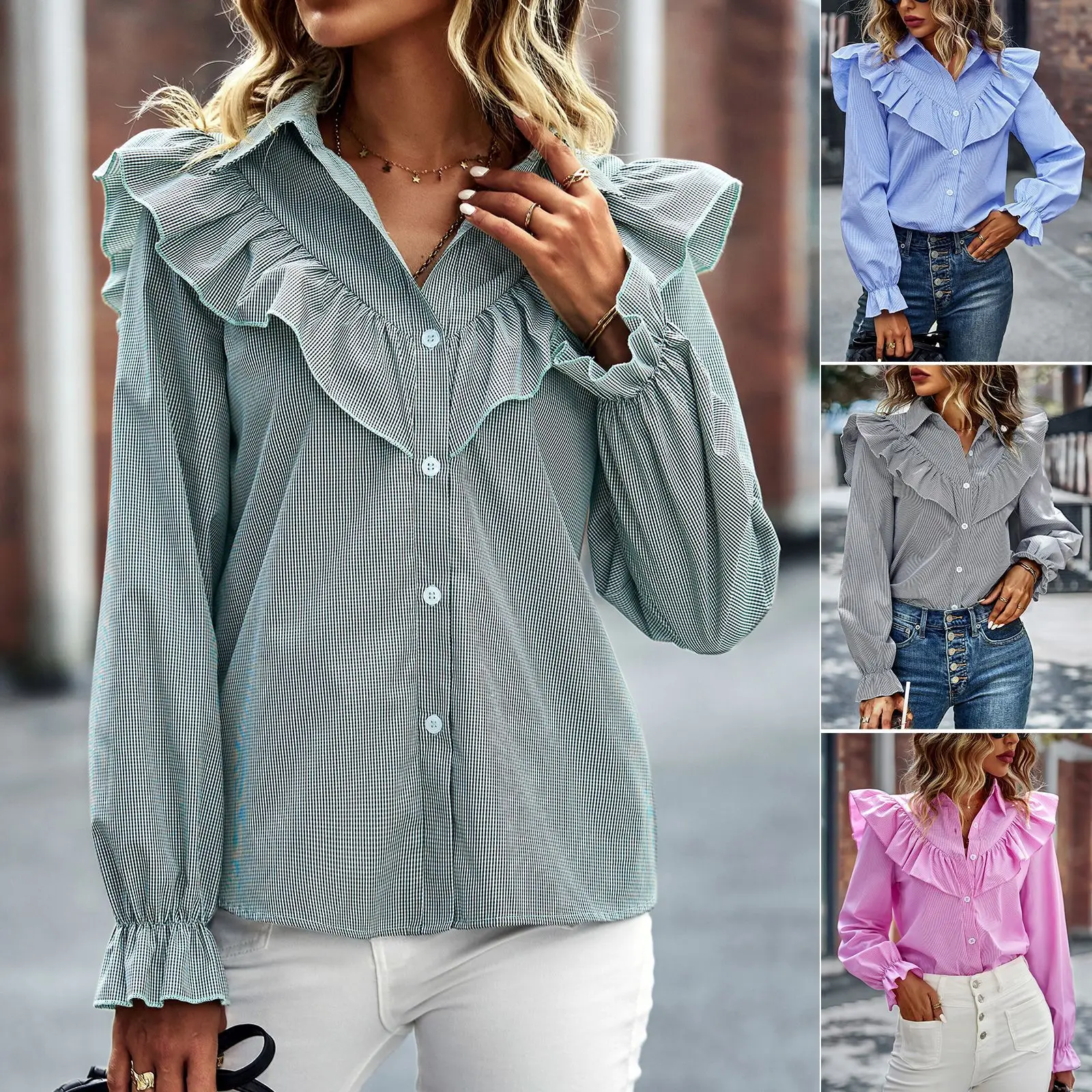 Fashion Shirt Striped Professional Women's Spring Autumn Four Seasons Top Ruffled Edge Woman Commuting Casual Style Retro Shirt