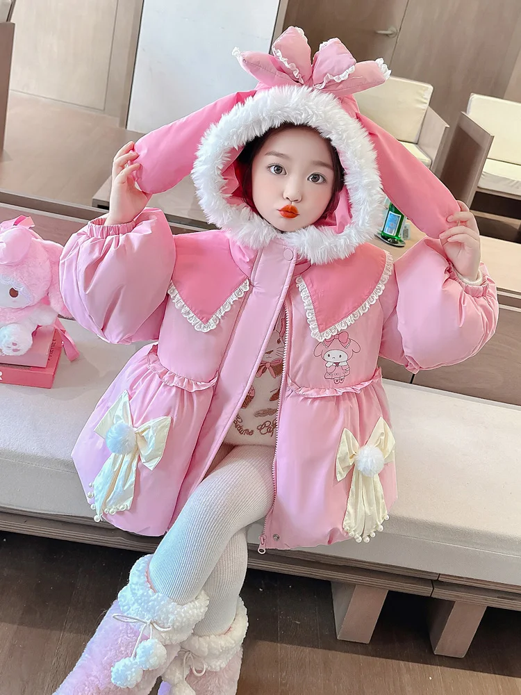 

Girls' Heavyweight Lolita Sle Cartoon down Cotton Jaet Winter Coat Warmth Comfortable Long Sve Hooded Mid-Length Zipper