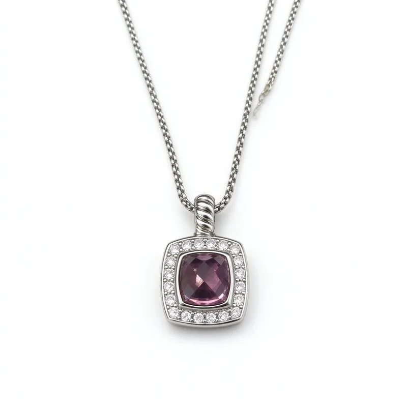 Cushion Cut Halo Pendant Necklace for Women, Square Center Stone with Paved CZ Border, Twist Bail, Silver Box Chain Dainty Choker, 10 Color Options Available, 45+5cm Adjustable, High Quality Alloy Hypoallergenic Fashion Jewelry Gift for Her Birthday Gift