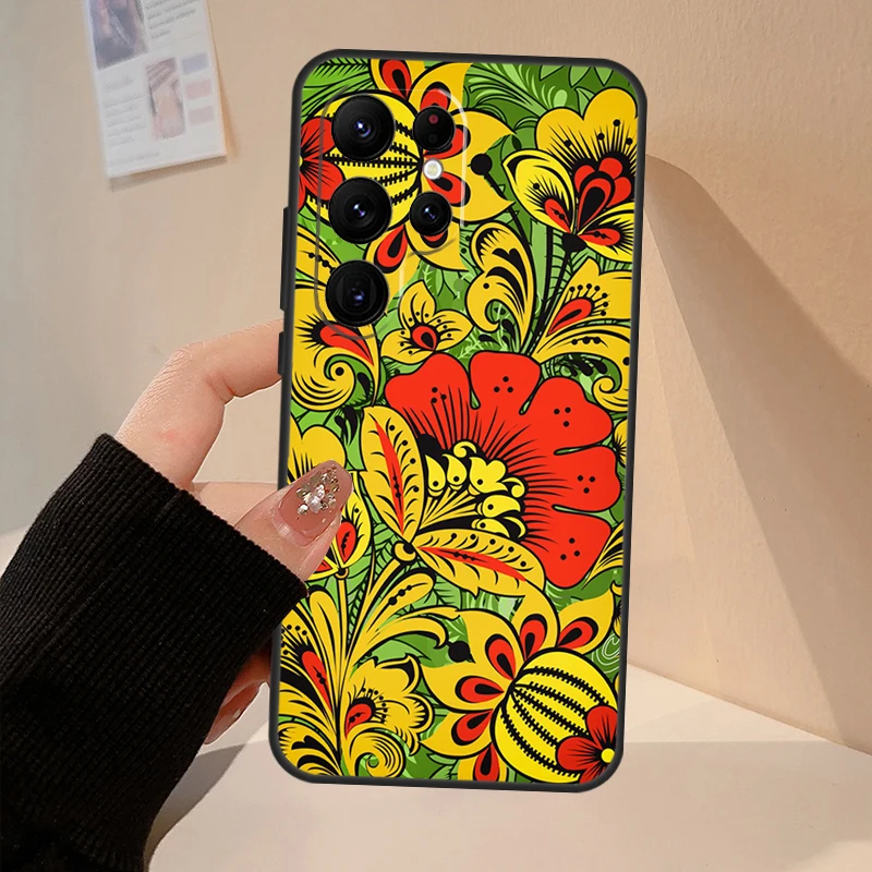 Khokhloma Russian Pattern Flower Case For Samsung Galaxy S23 S24 S25 Ultra S20 S21 S22 S9 S10 Plus S20 FE S24 FE Cover Coque