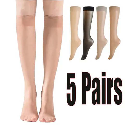 자세히 둘러보기 5pair = 10pcs 여성 초박형 나일론 스타킹 투명 탄력 숙녀 무릎 양말 여자 스타킹을위한 고품질 긴 양말